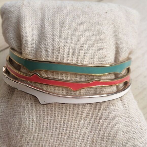 Stella & Dot Carrie Enamel Bangle Bracelet Set • Vintage Orange Teal Ivory - Picture 5 of 7